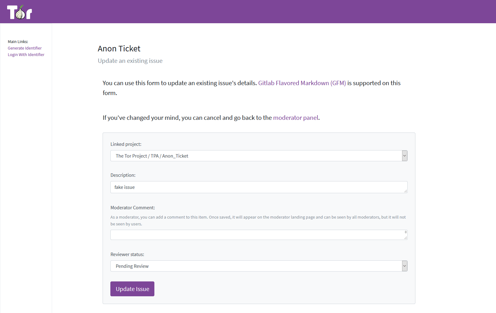 A screenshot of the view to update a moderator note, displaying a form with fields that the moderator can update, such as title, body, reviewer status. Moderators can also a mod-specific comment.